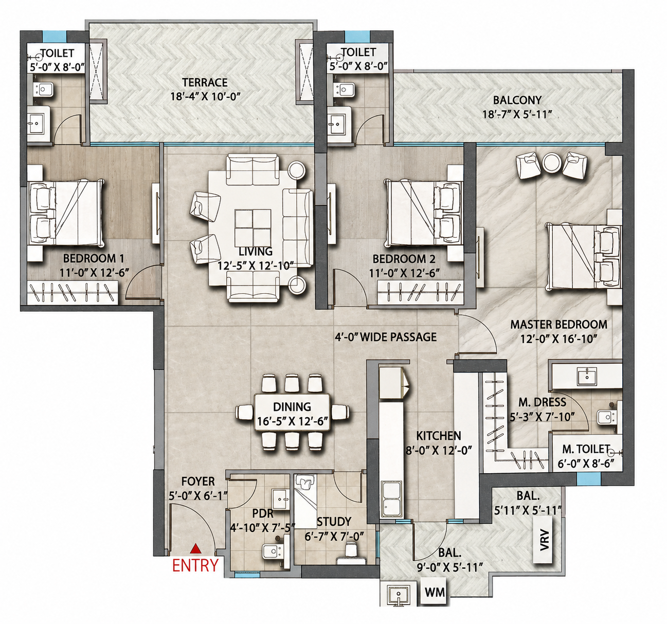 3 BHK Residence Floor Plan
